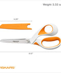 8 Inch RazorEdge Fabric Scissors For Beefy Heavy Duty Cutting, Ultra Sharp Fabric Shears With Smooth Cutting Action And Ergonomic Comfort For All Your Sewing Projects. White and orange scissors with protective sheath