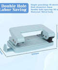 Heavy Duty Metal Two Hole Punch For A4 A5 B5 Paper, Adjustable Manual Paper Punch With 10 Sheet Capacity, Blue, displayed dimensions