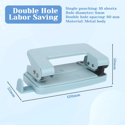Heavy Duty Metal Two Hole Punch For A4 A5 B5 Paper, Adjustable Manual Paper Punch With 10 Sheet Capacity, Blue, displayed dimensions