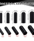 Front view of 25 Piece Silicone Zipper Protector Covers Guards Set For Laundry Care Includes Five Universal Sizes In Black with dimensions.