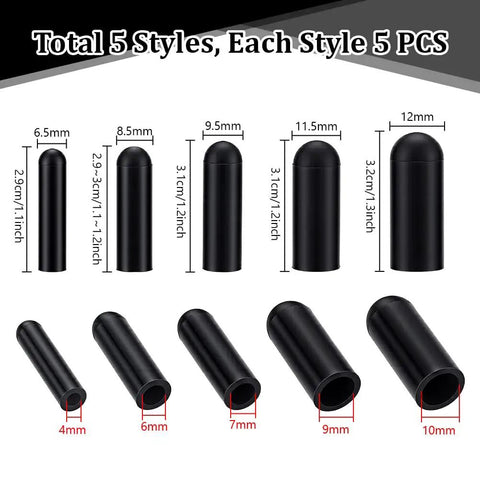 Front view of 25 Piece Silicone Zipper Protector Covers Guards Set For Laundry Care Includes Five Universal Sizes In Black with dimensions.