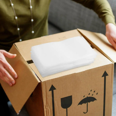 200 Pack White EPE Foam Packing Pouches For Moving And Mailing Parcels shown on cardboard box for safe shipping.