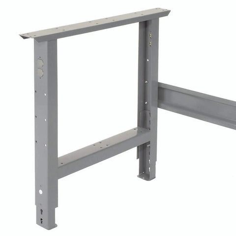 Adjustable Height Workbench With Birch Butcher Block Top 96 Inches Wide 30 Inches Deep 29 Five Eighths To 37 One Quarter Inches High Gray Frame Heavy Duty Build Includes Leg Frames And Hardware Removable Duplex Knockouts For Wire Installation - gray frame structure with leg frames.