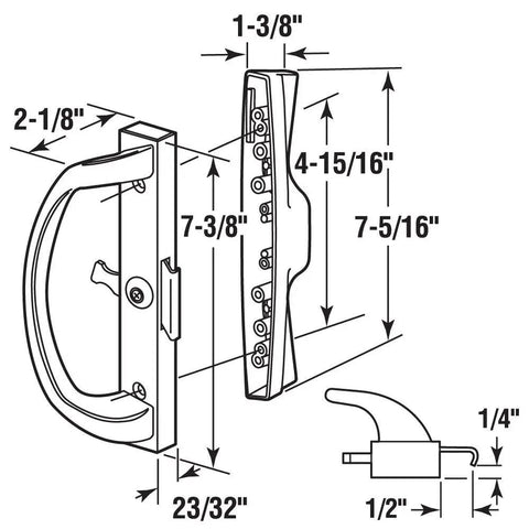 Technical diagram of Patio Sliding Door Handle Set With Clamp Upgrade For A Solid Beefy Grip And Secure Latch White Finish Single Pack Designed For Older Sliding Doors For Easy Install.