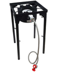 Propane Single Burner Camp Stove With High Temp Paint, Red Steel Braided Regulator, Heat Dial, And Height Adjustable Legs