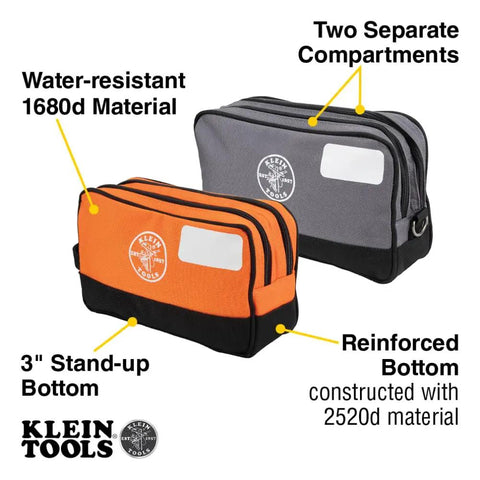Dual Compartment Tool Pouch Heavy Duty Tool Bag Organizer with orange and gray pouches, 1680D and 2520D material, two compartments.