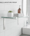 Rock Solid Stainless Steel Wall Mount Bracket For 5.9 Inch Shelves, Great For Bathroom And Kitchen Storage, mounted with towels.