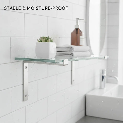 Rock Solid Stainless Steel Wall Mount Bracket For 5.9 Inch Shelves, Great For Bathroom And Kitchen Storage, mounted with towels.