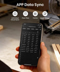 Smartphone displaying table data for home customization in a workshop setting, showcasing app features like unlimited cloud sync.