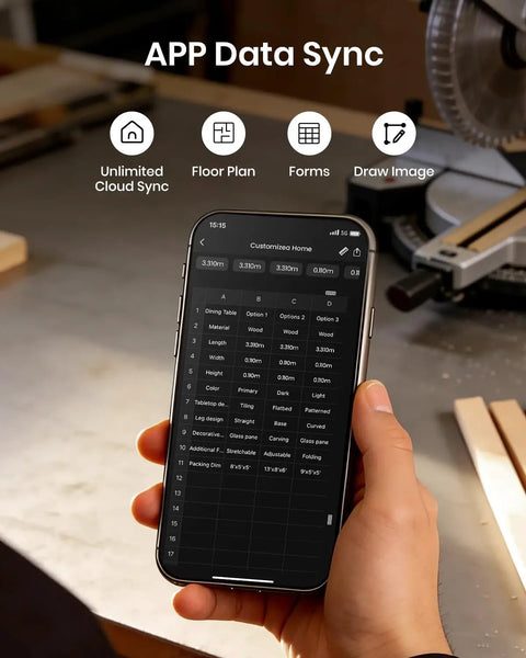Smartphone displaying table data for home customization in a workshop setting, showcasing app features like unlimited cloud sync.