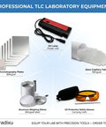 Badass Heavy Duty UV Safety Glasses Engineered To Block Harmful 254Nm UV Rays For Tlc Lab Tasks Ansi Z 871 Certified Industrial Grade Wraparound Goggles with carrying cloth and other lab equipment.