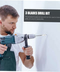 Power drill with side handle in use by man; blue body with gray chuck.