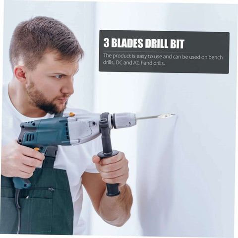 Power drill with side handle in use by man; blue body with gray chuck.