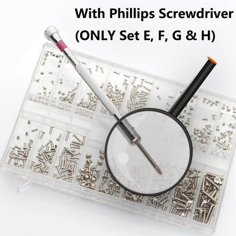 Close-up of 500Pcs Standard M4 High Hardness Wood Screws Assortment Kit with Phillips screwdriver, flat head, 20 sizes visible.