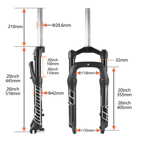 Beefy Fat Tire MTB Suspension Fork For 20 To 26 Inch Fat Bikes, 100mm Travel, 9mm QR, 135mm Hub, Straight Steerer diagram