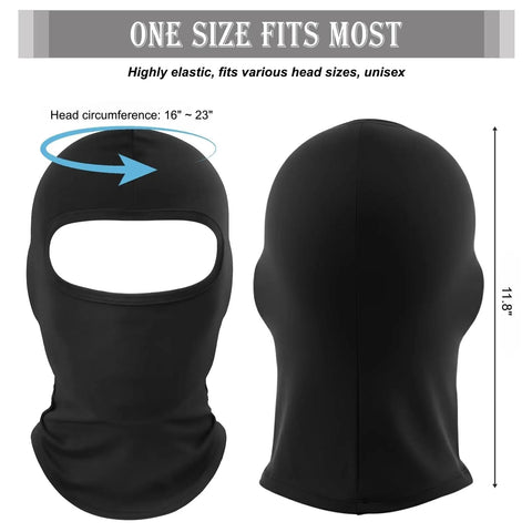 Front and back view of black ski mask, 6 Pack Ride Ready Lightweight Full Face Ski Masks Balaclavas For Men And Women, UV Protection, Breathable Polyester Spandex, Reusable And Machine Washable Face Cover For Motorcycling And Outdoor Work, Summer Black.