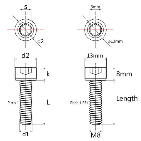 Pack of 4 titanium M8 hex socket head bolts with square heads; front and side views, 1.25mm pitch