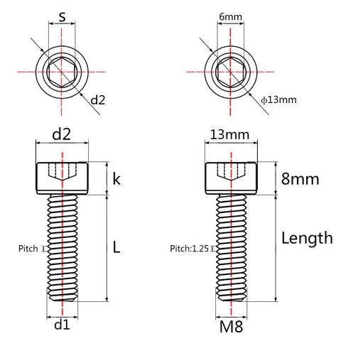 Epic Titanium Grade 5 M8 X30mm Hex Allen Socket Head Cap Screws Pack Of Four 1.25mm Pitch Din 912 detailed dimensions diagram.