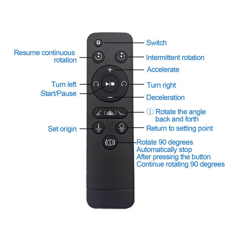 Remote control for Ultimate 3 In 1 Motorized Rotating Display Stand with labeled functions for easy operation.
