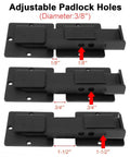 Adjustable Padlock Holes on Big Time Security Seven Point Six Inch Aluminum Flip Latch Lock for Exterior Gate and Door.