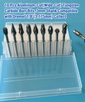 Front view: 10 carbide burrs with 1/8" shanks in a clear plastic case; aluminum-cut wide-flute bits for metal/wood.