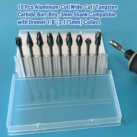 Front view: 10 carbide burrs with 1/8" shanks in a clear plastic case; aluminum-cut wide-flute bits for metal/wood.