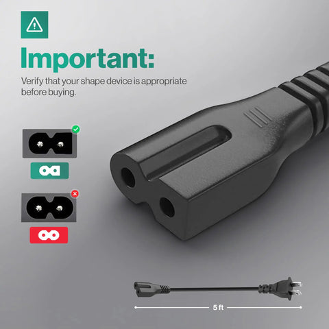 Close-up of 2 Prong Polarized 5Ft C7 Power Cord Replacement For TVs PS1 PS2 Sewing Machines Audio Gear And More Safe Heavy Duty AC Cable With Polarized Plug showing plug design and 5 ft length.