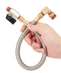 Hand holding Flexible Braided Steel Tank Drain Valve Kit With 15 Inch Tube And 1/4 Inch NPT Fittings For Air Compressors