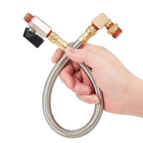 Hand holding Flexible Braided Steel Tank Drain Valve Kit With 15 Inch Tube And 1/4 Inch NPT Fittings For Air Compressors
