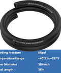 Coiled 3/8 Inch power brake vacuum hose, 85 PSI, black nitrile rubber, displayed with specs chart for rock solid braking performance.