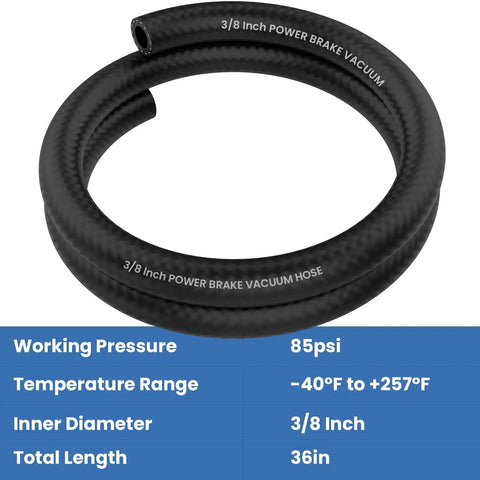 Coiled 3/8 Inch power brake vacuum hose, 85 PSI, black nitrile rubber, displayed with specs chart for rock solid braking performance.