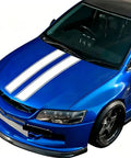 Premium Glossy Hood Decal Stripe For Tesla Cybertruck on blue car hood, 120cm by 16cm, adding stylish racing look.