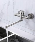 360° Rotatable Wall-Mounted inless Steel Kitchen Faucet - Single Handle Mixer Tap for Sink a and Cooking - Modern Design with running water.