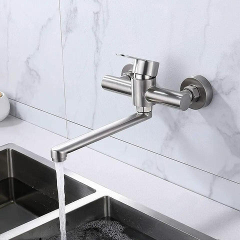 360° Rotatable Wall-Mounted inless Steel Kitchen Faucet - Single Handle Mixer Tap for Sink a and Cooking - Modern Design with running water.