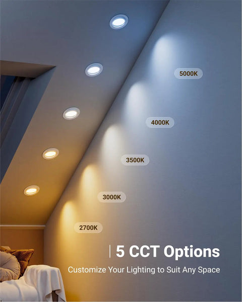 Canless 6 Inch Recessed LED Eyeball Gimbal Lights Pack Of 6 Ultra Slim Dimmable Downlights showing 5 CCT options on a wall