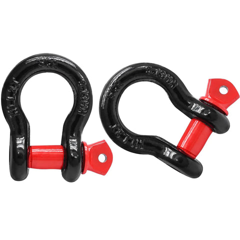 Rugged Half Inch D Ring Shackles With Screw Pin Zinc Plated Rustproof Build 2 Pack Of Heavy Duty Towing Hardware show black and red shackles.
