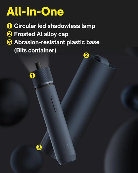 Cordless Electric Screwdriver Kit With USB C Charge, frosted alloy cap, shadowless LED lamp, plastic base bit holder