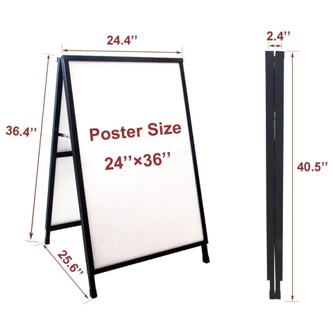 Double Sided A Frame Sidewalk Sign 24x36 Inches Heavy Duty Outdoor Sandwich Board with size details and black frame