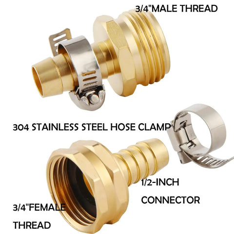 Brass Garden Hose Repair Kit 2 Pack With Clamps 1/2 Inch Barb To 3/4 Inch GHT Adapters Fits 1/2 Inch Hoses Durable Fittings