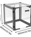 Transparent 3D Printer Enclosure Kit with Filament Drying Box, LED Light, Built-In Fan, Sealing Design, dimensions shown