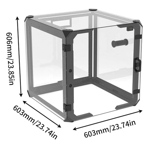 Transparent 3D Printer Enclosure Kit with Filament Drying Box, LED Light, Built-In Fan, Sealing Design, dimensions shown