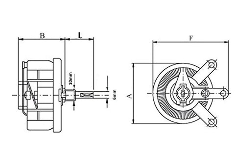 Technical diagram of Pro Grade 100W 100 Ohm Ceramic Rheostat with sliding disk and adjustable wirewound resistor measurements.