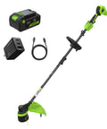 No Wiring Worries 24v Cordless String Trimmer Equipped With Brushless Motor And Fifteen Inch Wide Cutting Deck with battery, charger, and cable.