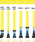 Multiple hose connectors for Rock Solid Heavy Duty Workhorse 1HP Submersible Sump Pump, showcasing various sizes including NPT and GHT.