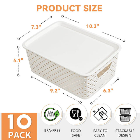 Ten Pack Small Plastic Storage Bins With Lids Stackable Baskets With Handles For Easy Carry Awesome For Pantry Craft Room Office Or Garage Organization Includes Label Cards For Quick Sorting And Clear View showing product dimensions and features