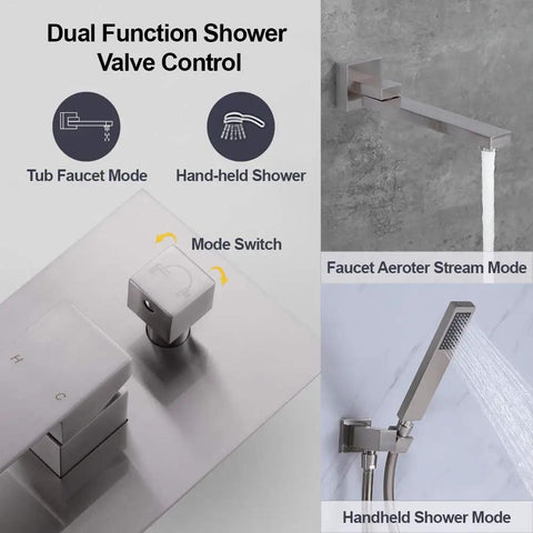 Wall Mounted Tub Filler Faucet With Handheld Shower, Solid Brass 180 Degree Swivel Bath Tap, Brushed Nickel Finish, Valve Control