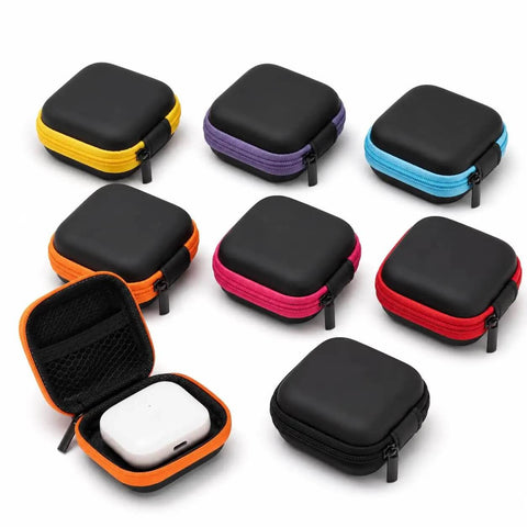 Slick Squared Eva Hard Shell Organizer Pouch For Earbuds Charging Cables Keys And Coins Hella Compact Travel Kit With Heavy Duty Zipper Closure For Daily Carry in assorted colors with one open showing earbuds.