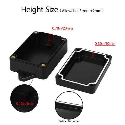 IP65 Waterproof Junction Box Enclosure For Outdoor And Indoor Use, Built Tough ABS Plastic Dustproof Universal Electrical Project Box With Fixed Ear Mounting, Black 3.26 x 2.28 x 1.29 Inches, Pack Of 2 showing open box and rubber grommet sizes