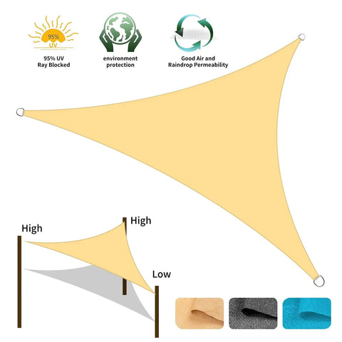 Sun Shade Sail 12 Ft By 12 Ft By 12 Ft Triangle Sand Canopy UV Block Sunshade for patio with HDPE fabric, shown installed and material colors.