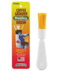 Dusting brush for Infinity Plus Conical Burr Grinder Bundle, white handle with yellow bristles, packaging shown beside.